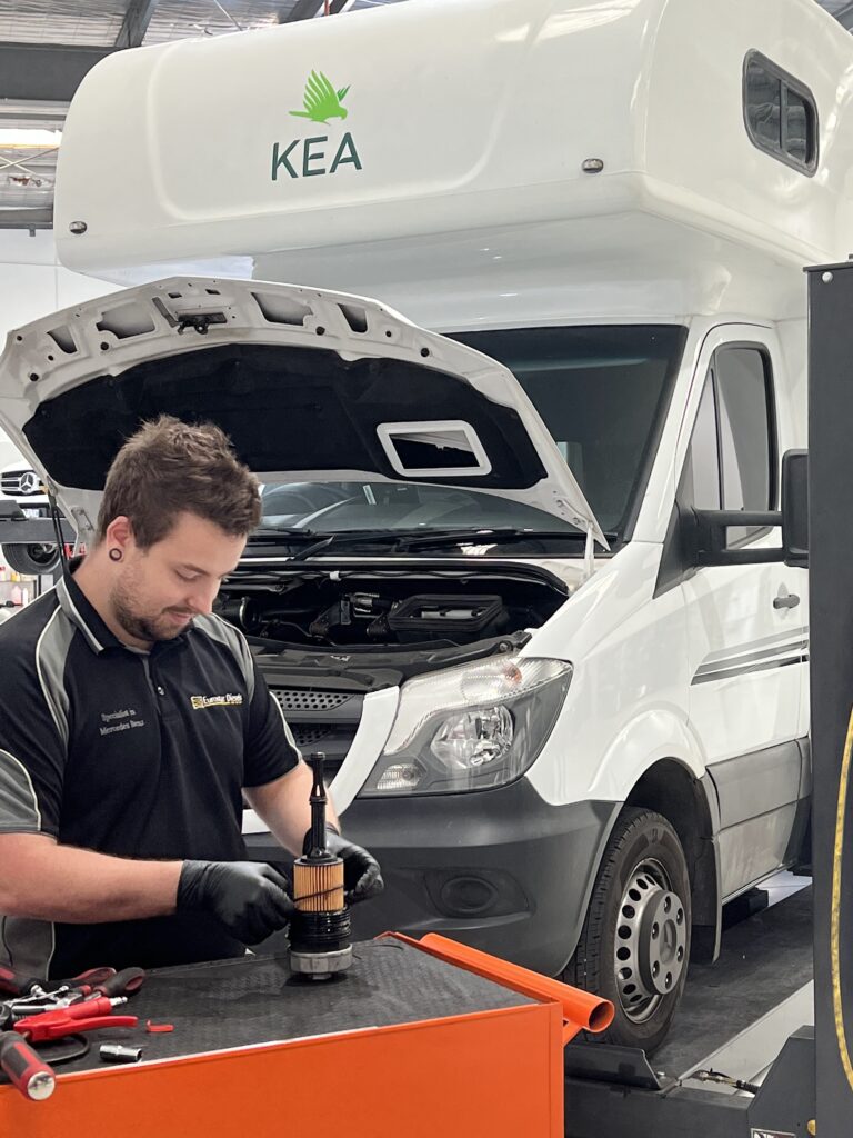 performing a maintenance service on a mercedes sprinter engine in a motorhome rv