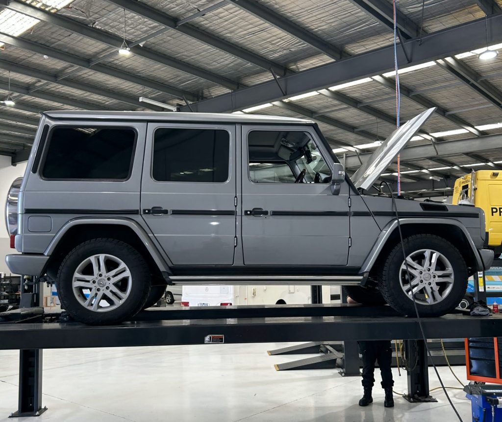 mercedes g class on hoist for service and repairs at eurostar diesels