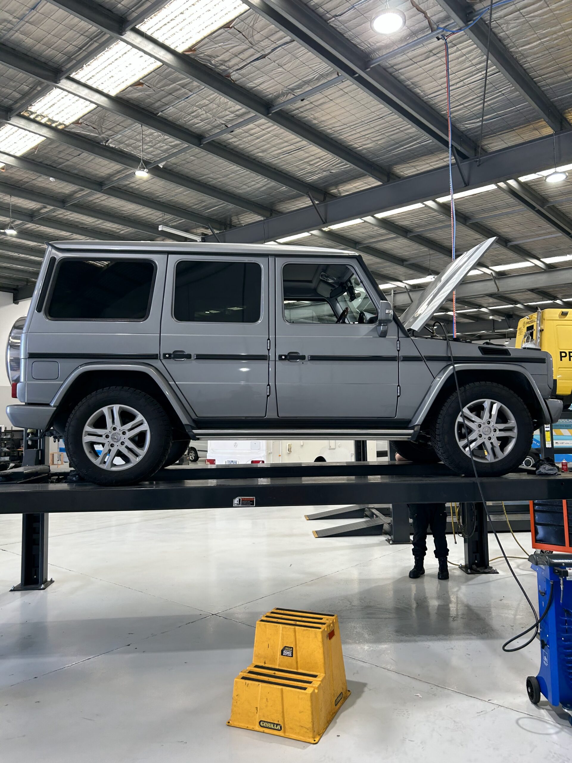 mercedes g class on hoist for service and repairs at eurostar diesels