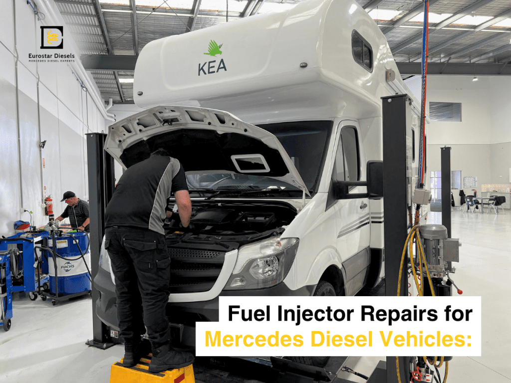 A mechanic works on the engine of a KEA motorhome inside a spacious, well-lit workshop. The vehicle's hood is open, and the mechanic stands on a platform for better reach. The image features the text, "Fuel Injector Repairs for Mercedes Diesel Vehicles" and "Low Battery Diagnostics.